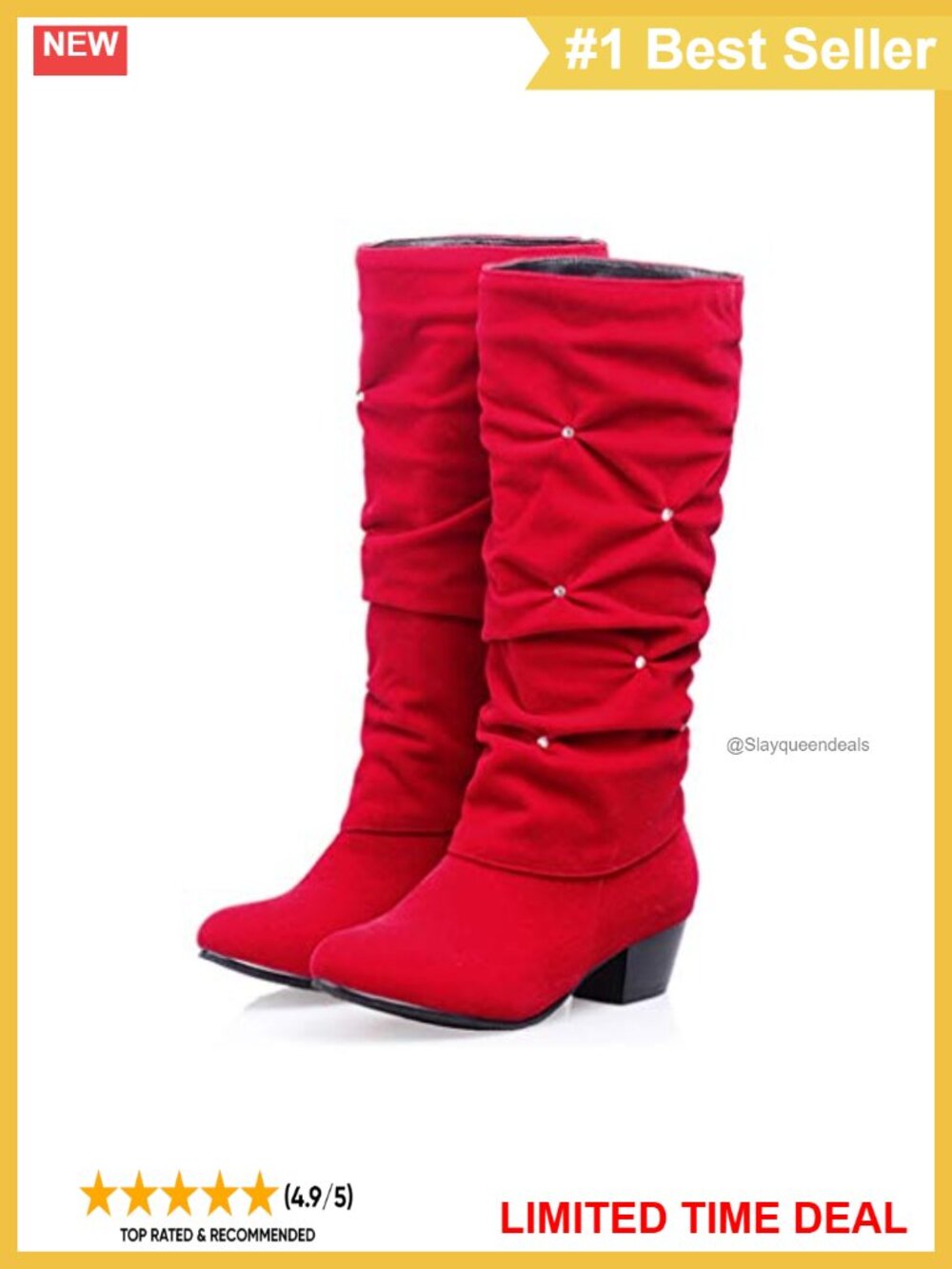 Vegan Suede Mid Calf Slouch Riding Boots Rhinestone Round Toe Low Heel